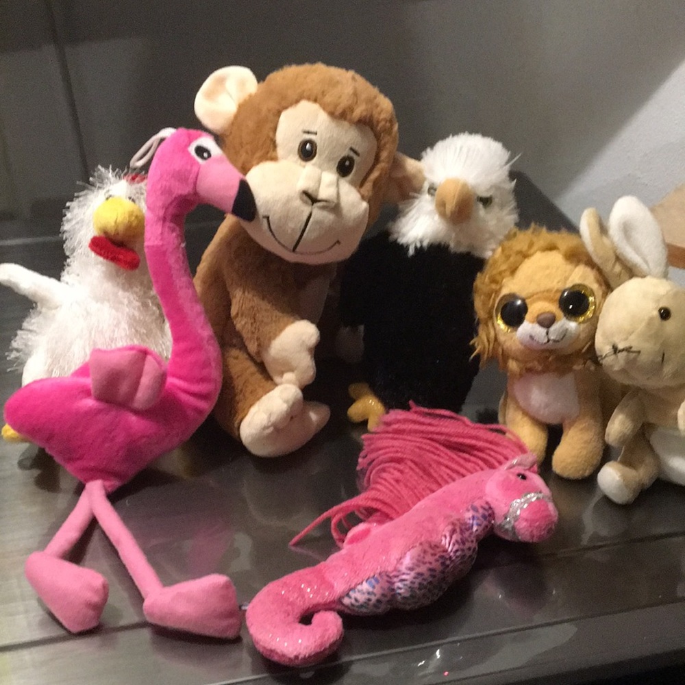 Flamingo, seahorse, eagle, monkey, chicken, lion and rabbit.